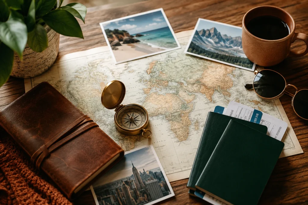 Flat-lay of a world map, passport and travel journal for planning a round-the-world trip.
