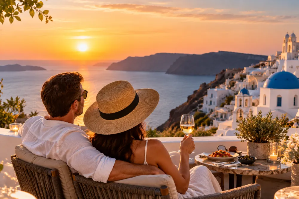 Couple enjoying a romantic premium private tour overlooking a Mediterranean coastline
