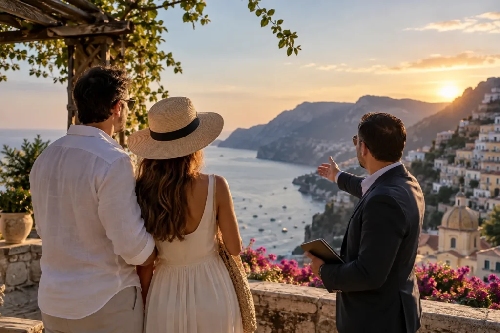 Couple enjoying a premium private tour with a personal guide overlooking a scenic Mediterranean coastline.
