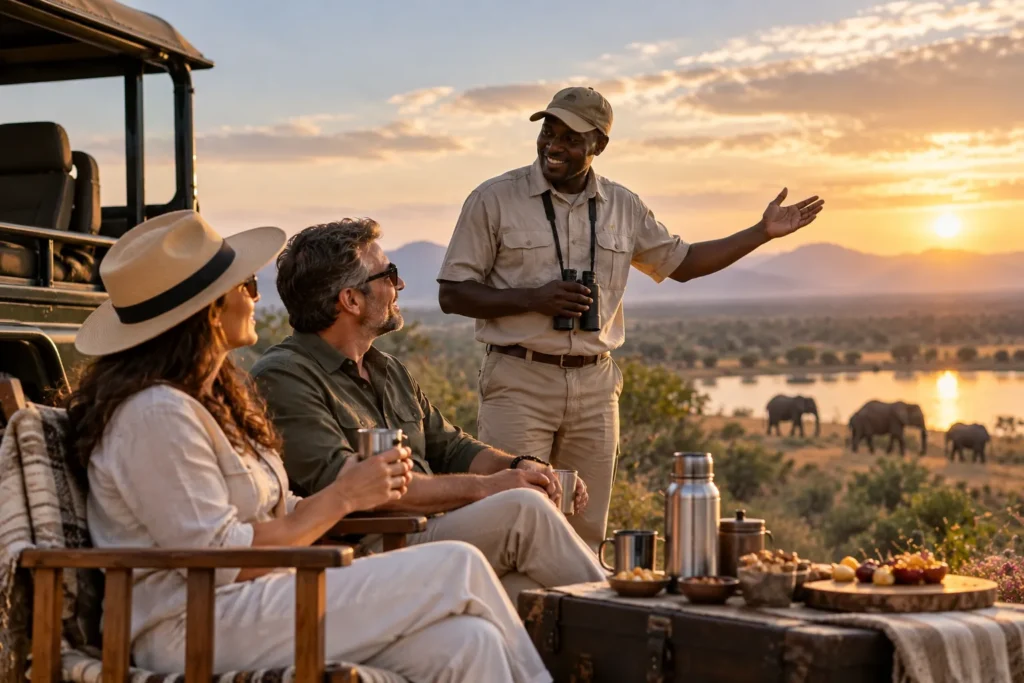 Travellers enjoying a premium private safari tour with a personal guide, luxury transport and wildlife at sunset.