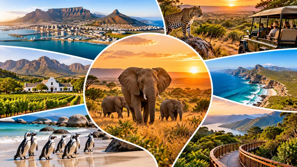 Premium South Africa tours collage featuring luxury safaris, elephants, Cape Town, Table Mountain, Cape Winelands, scenic coastlines and African penguins.