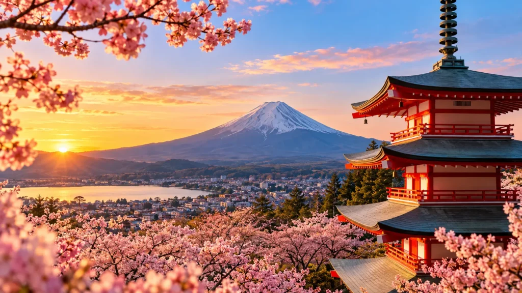 Premium Japan tour featuring Mount Fuji, Chureito Pagoda and cherry blossoms at sunset.
