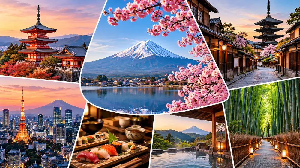Collage of premium Japan tour experiences featuring Mount Fuji, Kyoto temples, Tokyo skyline, cherry blossoms, traditional Japanese cuisine and scenic landscapes.