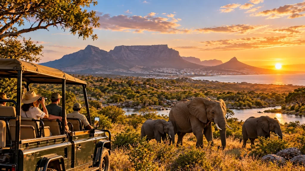Premium South Africa safari tour featuring elephants, a luxury safari jeep and scenic African landscapes at sunset.